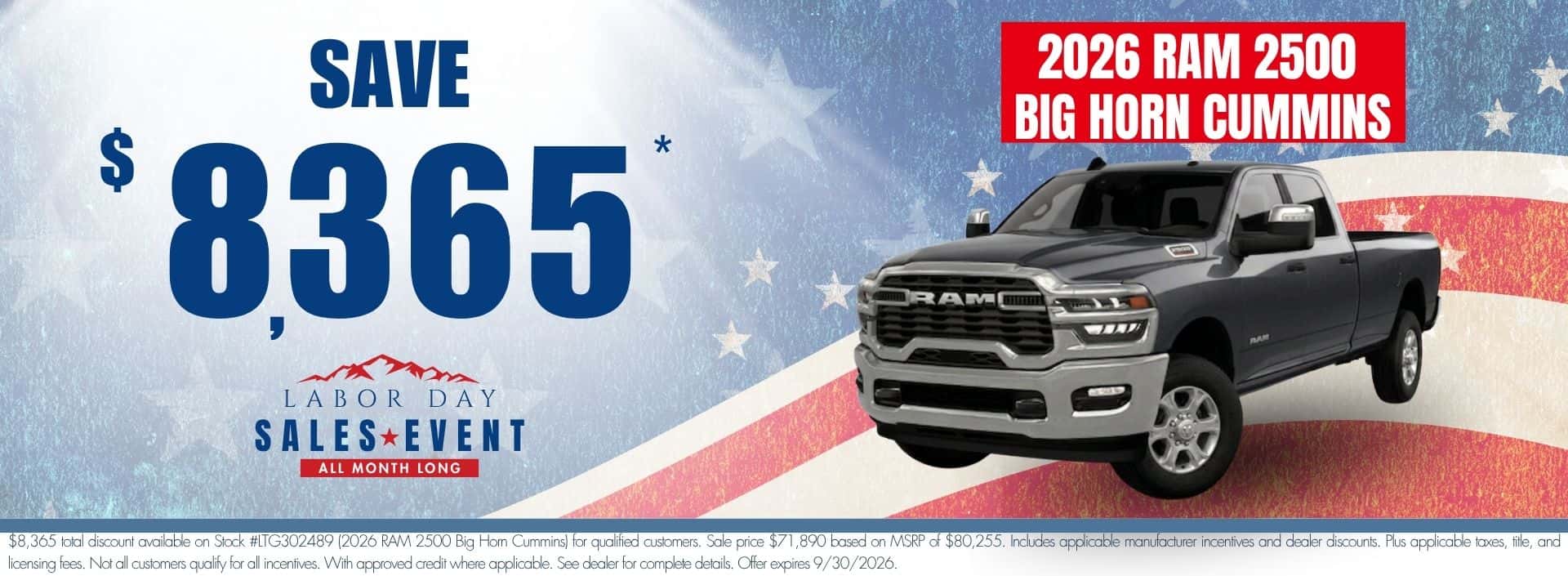 2026 Ram 2500 Big Horn Cummins website banner for Transwest Chrysler Dodge Jeep Ram’s Labor Day Sales Event. Promotional banner highlights up to $8,365 off MSRP.