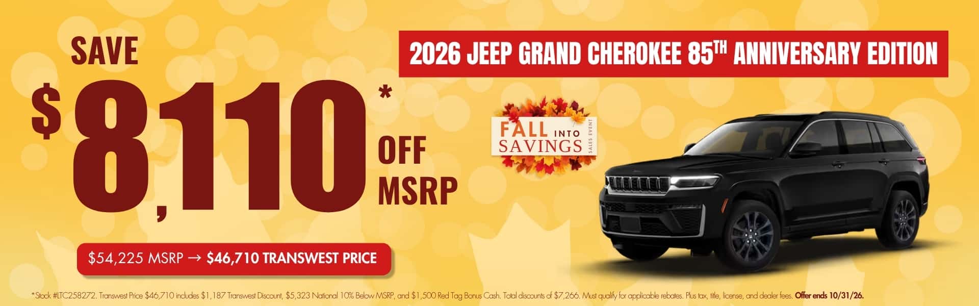 2026 Jeep Grand Cherokee 85th Anniversary Edition website banner for Transwest Chrysler Dodge Jeep Ram’s Fall Into Savings Sales Event. Promotional banner highlights up to $8,110 off MSRP.