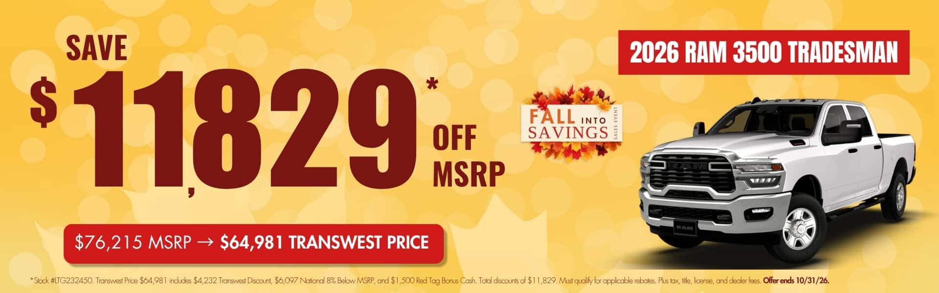 2026 Ram 3500 Tradesman website banner for Transwest Chrysler Dodge Jeep Ram’s Fall Into Savings Sales Event. Promotional banner highlights up to $11,829 off MSRP.