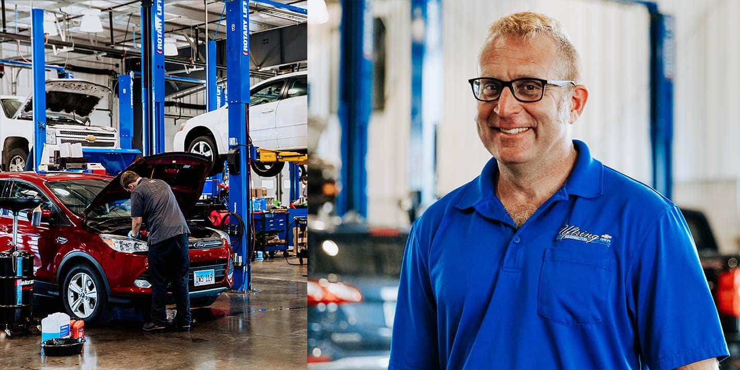 A service person helping a customer and an oil change. 