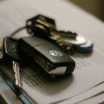 Volkswagen car key fob sitting on a dealership service desk in Marion, IL.