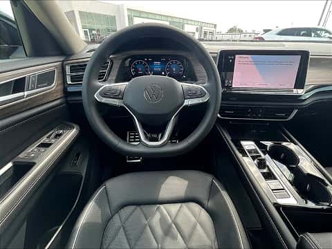 driver's seat view of the steering wheel and dashboard on a VW Atlas